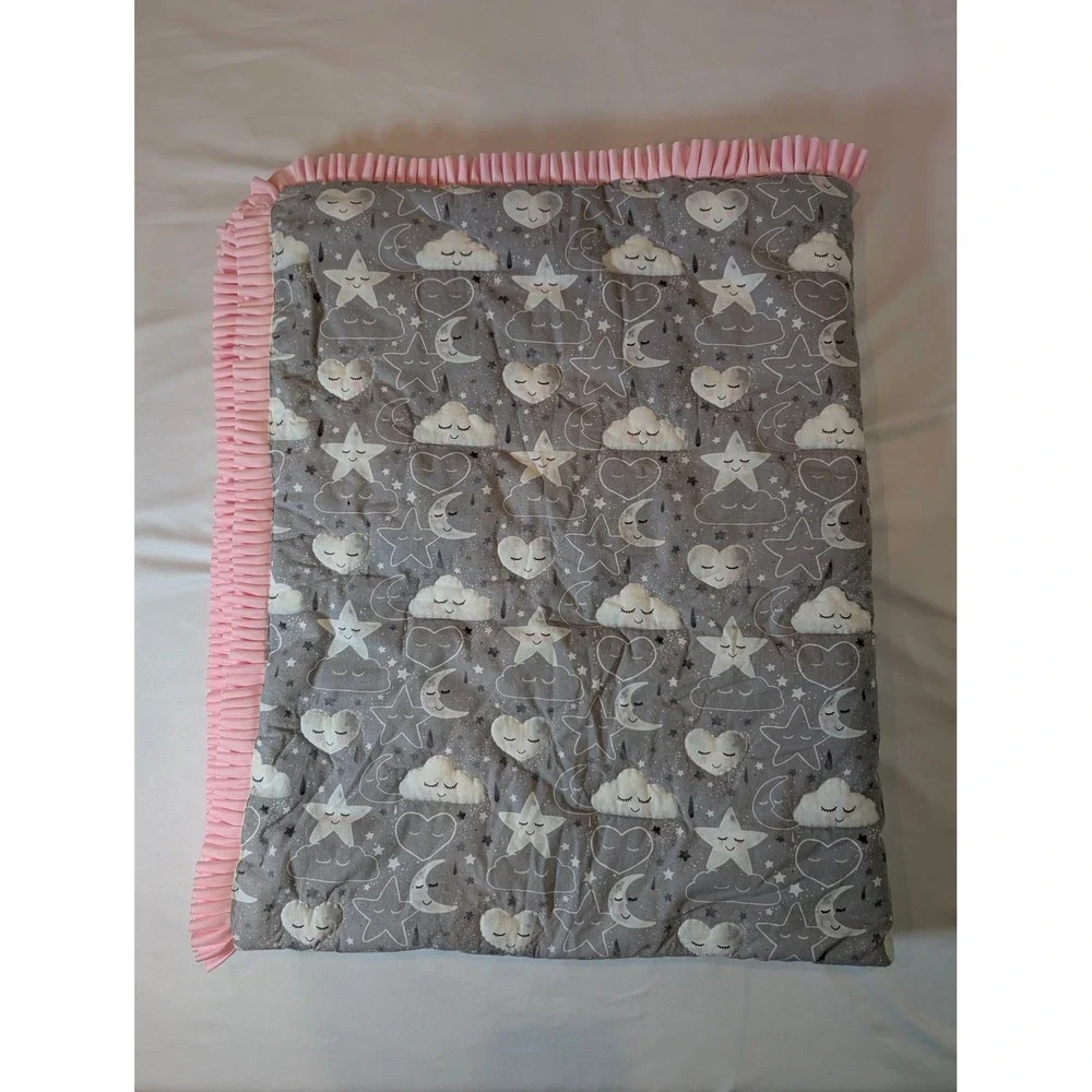 Celestial‎ Handmade Quilted Baby Blanket Moon Star Cloud Grey White Pink 52